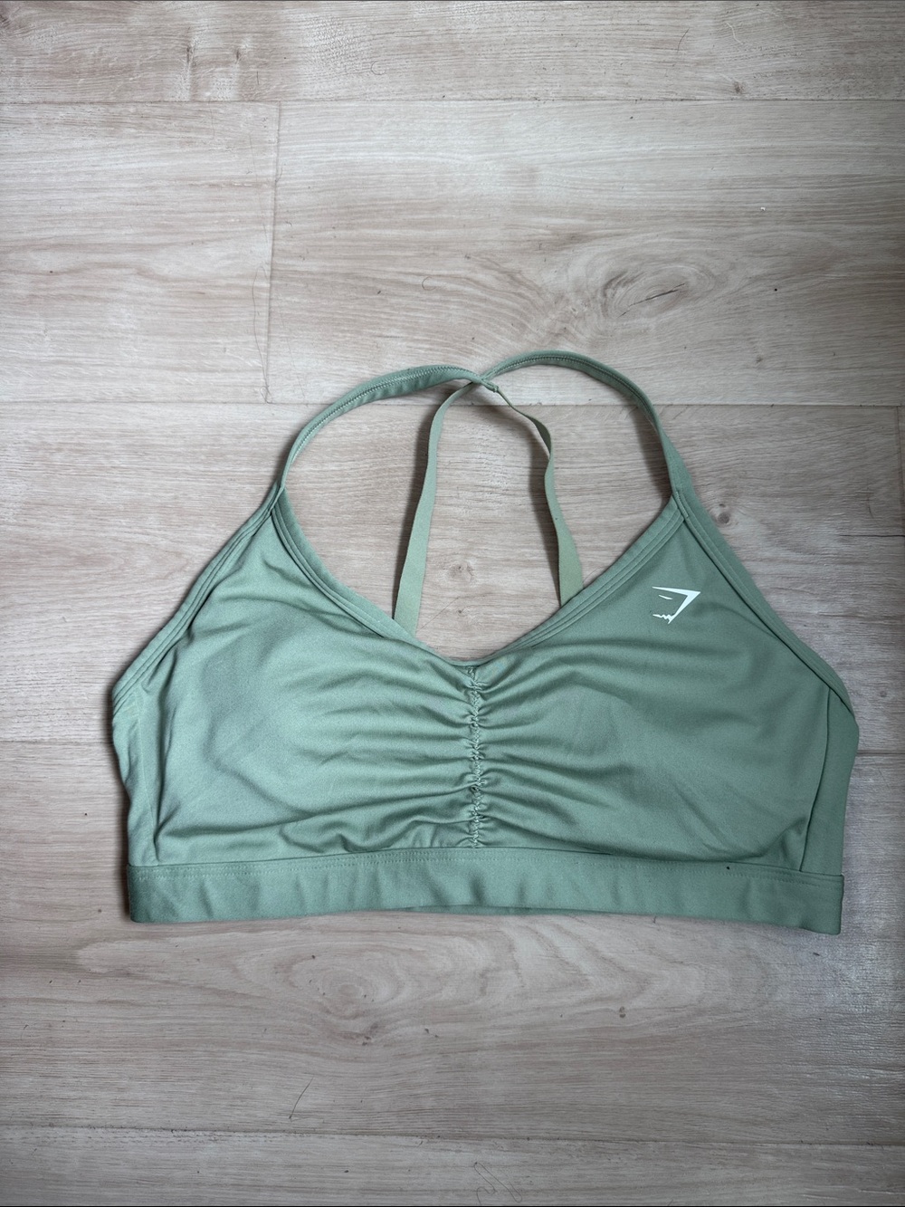 Gymshark Sage Green Ruched Front Strappy Sports Bra